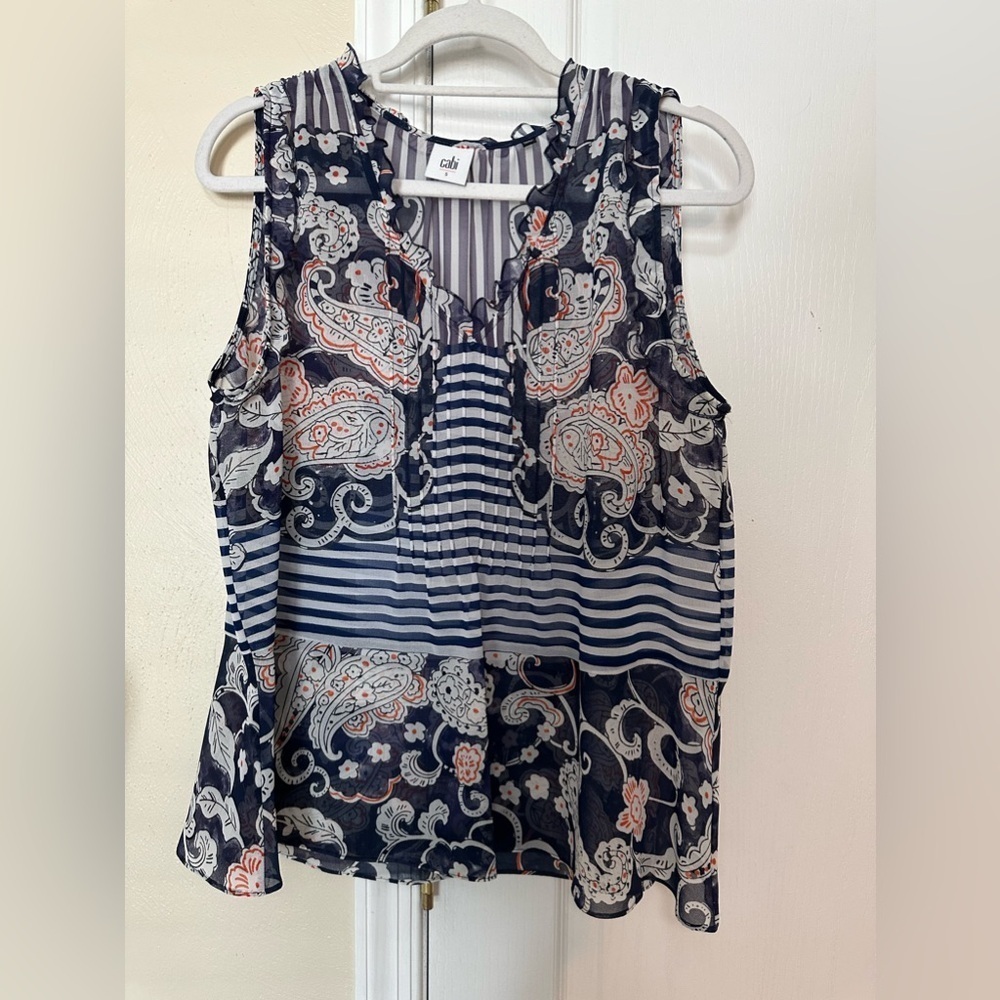 CAbi 5349 Sheer Floral Paisley Striped Peplum Blouse